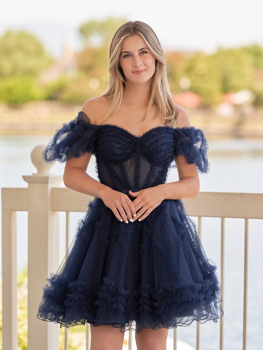 Sevoba|A Line Sweetheart Puff Sleeves Short Homecoming Dress With Ruffles