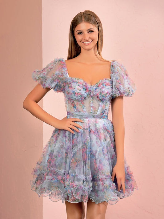 Sevoba|Sky Blue A Line Off the Shoulder Printed Homecoming Dress