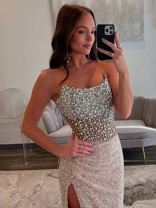 Mermaid Champagne Strapless Sequins Long Prom Dresses with Slit
