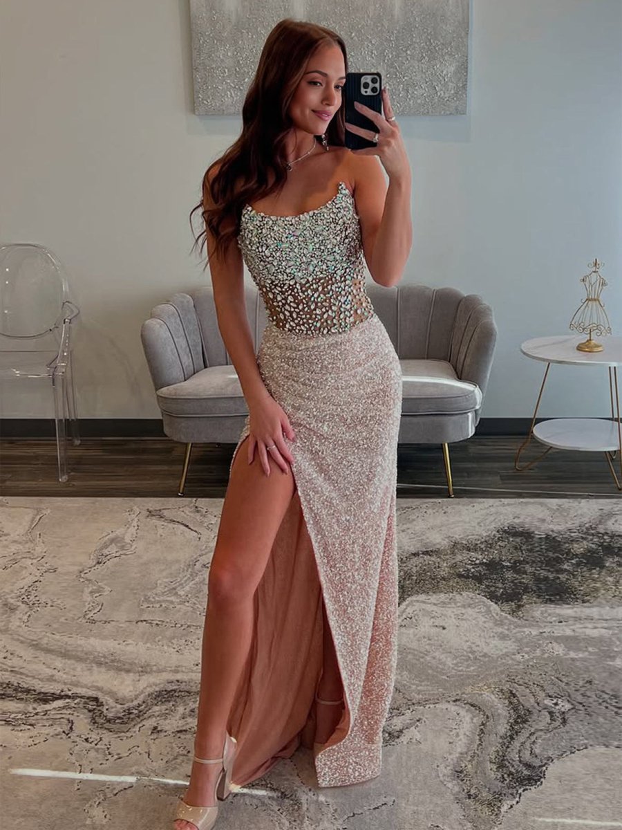 Mermaid Champagne Strapless Sequins Long Prom Dresses with Slit