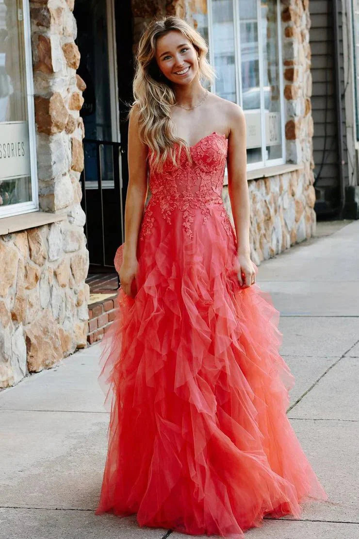 Kaycee | A-Line Coral Tulle Strapless Layered Prom Dress with Appliques