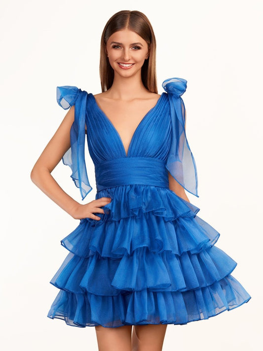 Sevoba|Trendy  A-Line Royal Blue Tiered Homecoming Dress with Bow