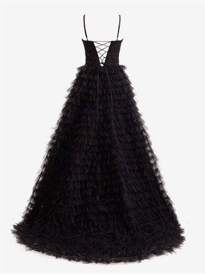 Black A-Line Tiered Sequins Tulle Long Prom Dress