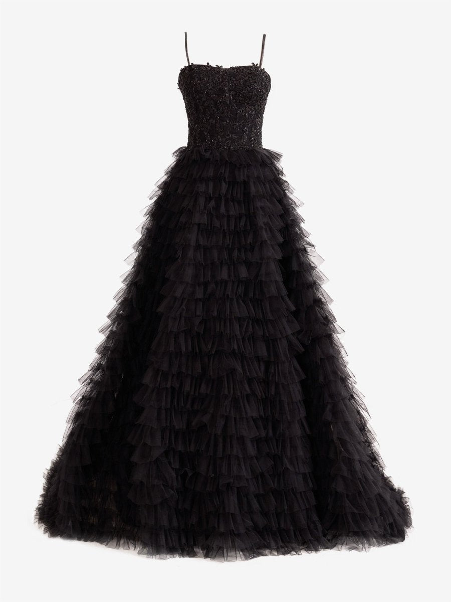 Black A-Line Tiered Sequins Tulle Long Prom Dress