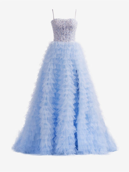 Sevoba | Sky Blue A-Line Tiered Sequins Tulle Long Prom Dress