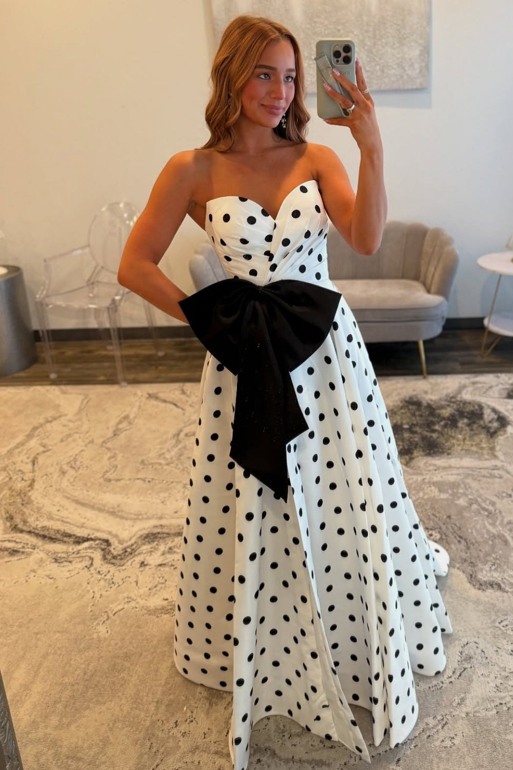 Elegant A Line Strapless Polka Dot Satin Long Prom Dress With Bow