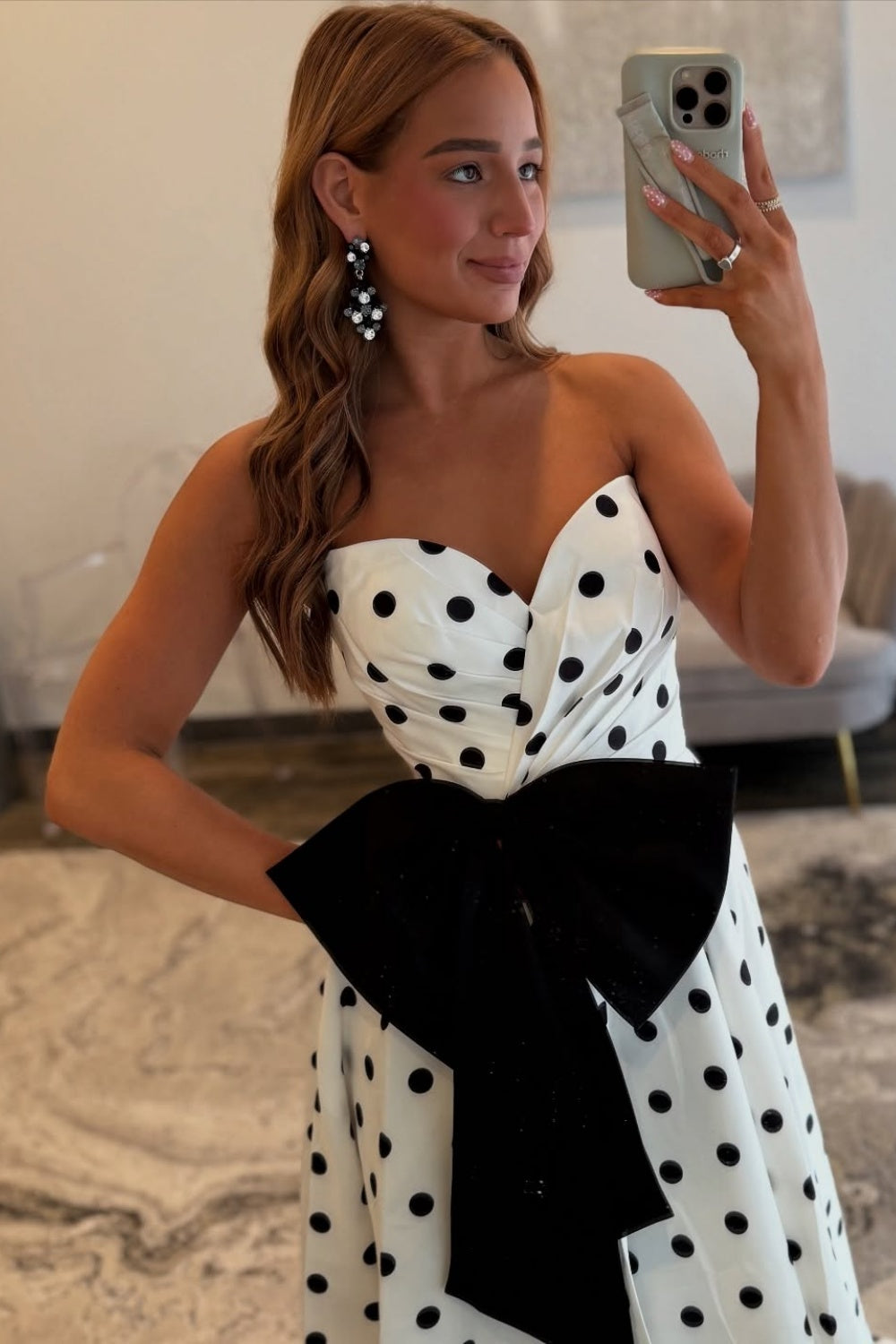 Elegant A Line Strapless Polka Dot Satin Long Prom Dress With Bow