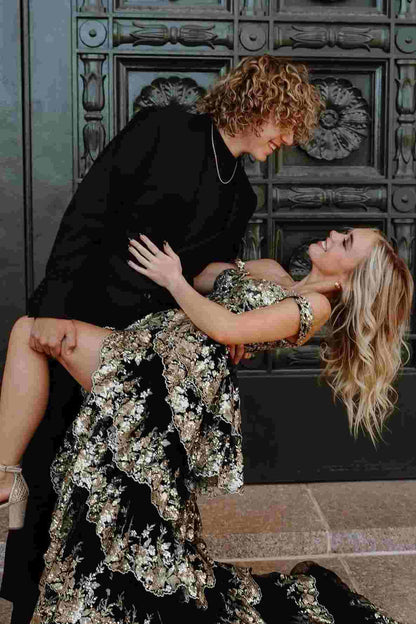 Gold Off the Shoulder Sequin Long Prom Dress with Slit