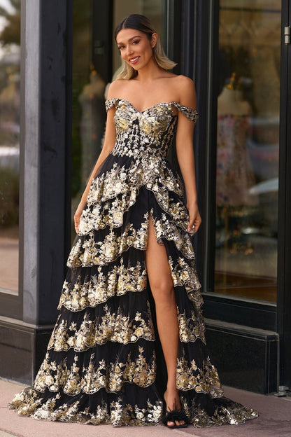 Gold Off the Shoulder Sequin Long Prom Dress with Slit