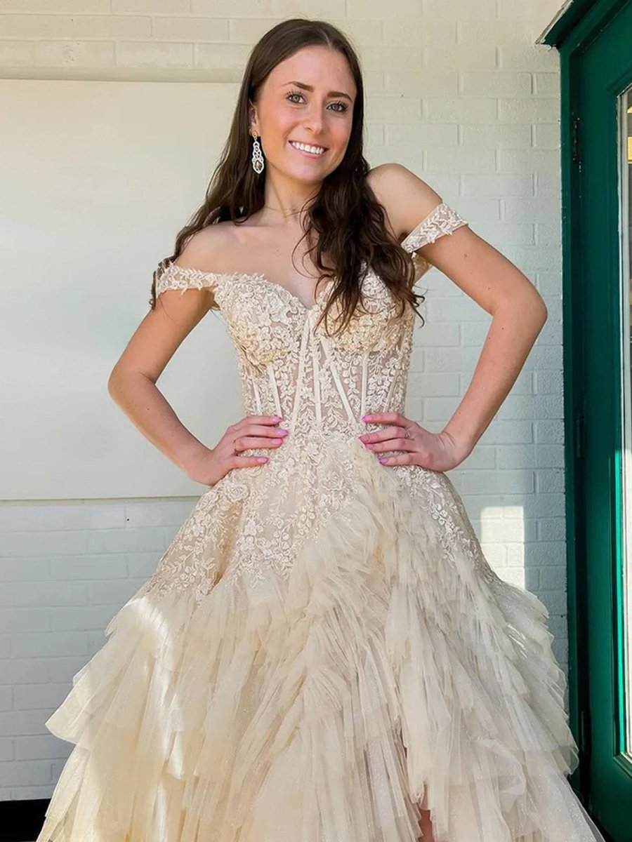 Kashi | Champagne Off the Shoulder Tulle Prom Dress With Appliques