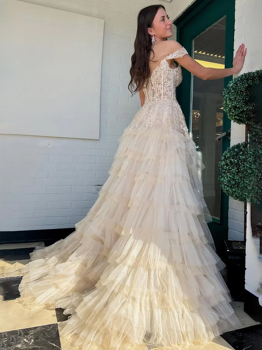 Kashi | Champagne Off the Shoulder Tulle Prom Dress With Appliques
