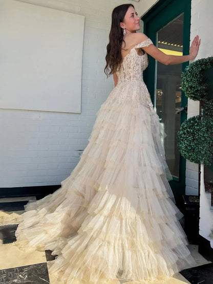 Kashi | Champagne Off the Shoulder Tulle Prom Dress With Appliques