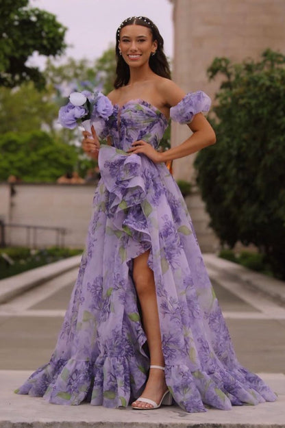 Strapless A-Line Floral Prom Dress With Detachable Sleeves