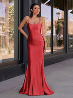 Sevoba | Cute Mermaid Scoop Neck Satin Long Prom Dress