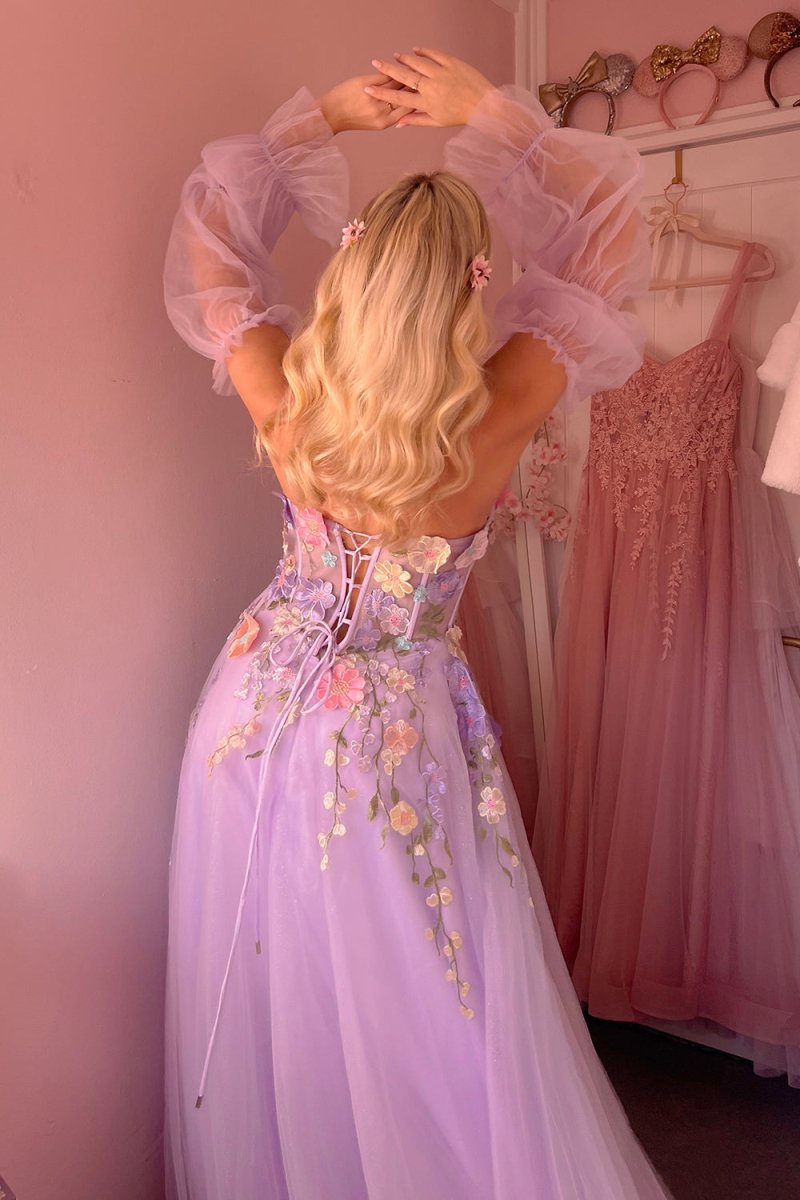 Kylena | Lavender A-Line Strapless Tulle Prom Dress with 3D Flowers
