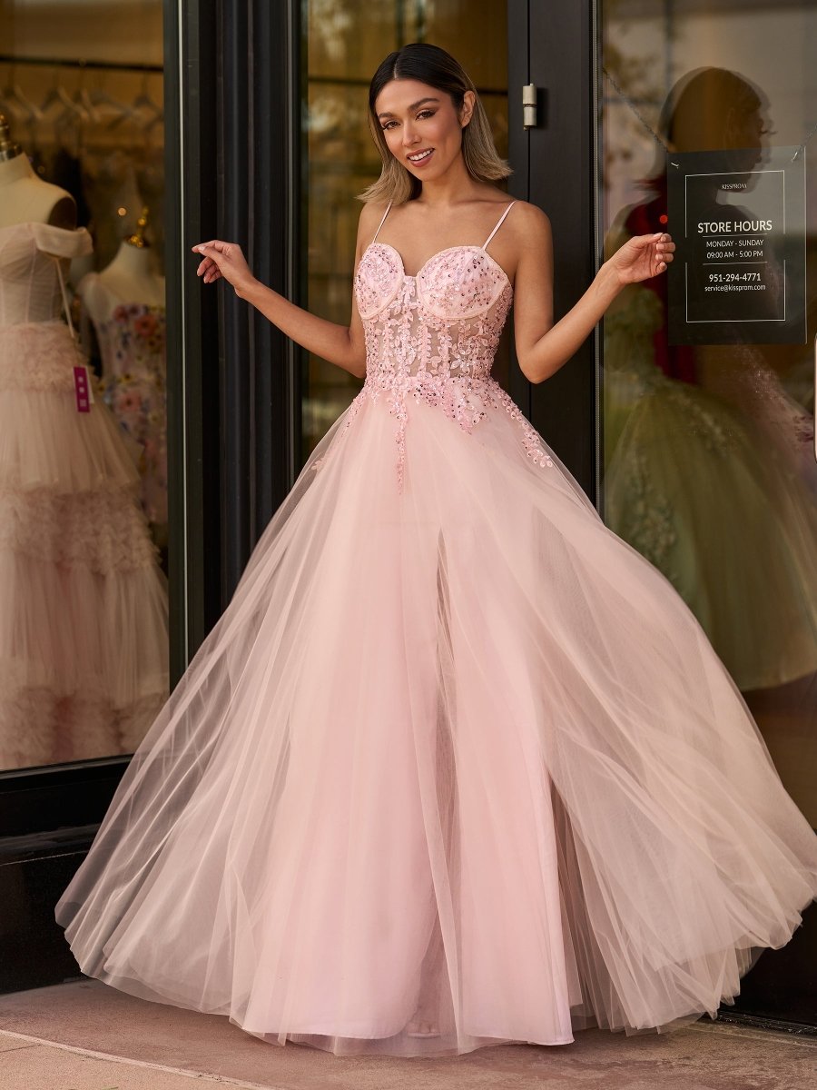A line Spaghetti Straps Lace Floor Length Tulle Prom Dress with Slit