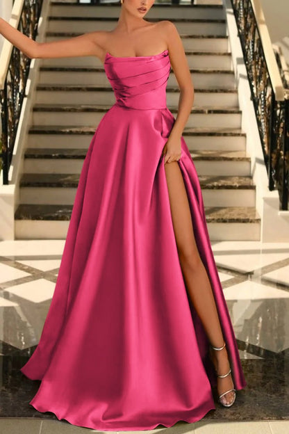 Lachlan | Satin A-Line Scoop Empire-Waist Pleated Satin High Slit Formal Prom Dress