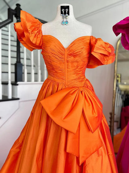 Lael | Orange Sweetheart Pleated A-Line Prom Dress With Bow