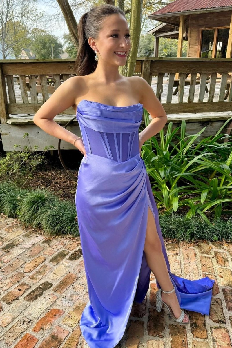 Laken | Periwinkle Strapless Pleated Formal Dress with Attached Train