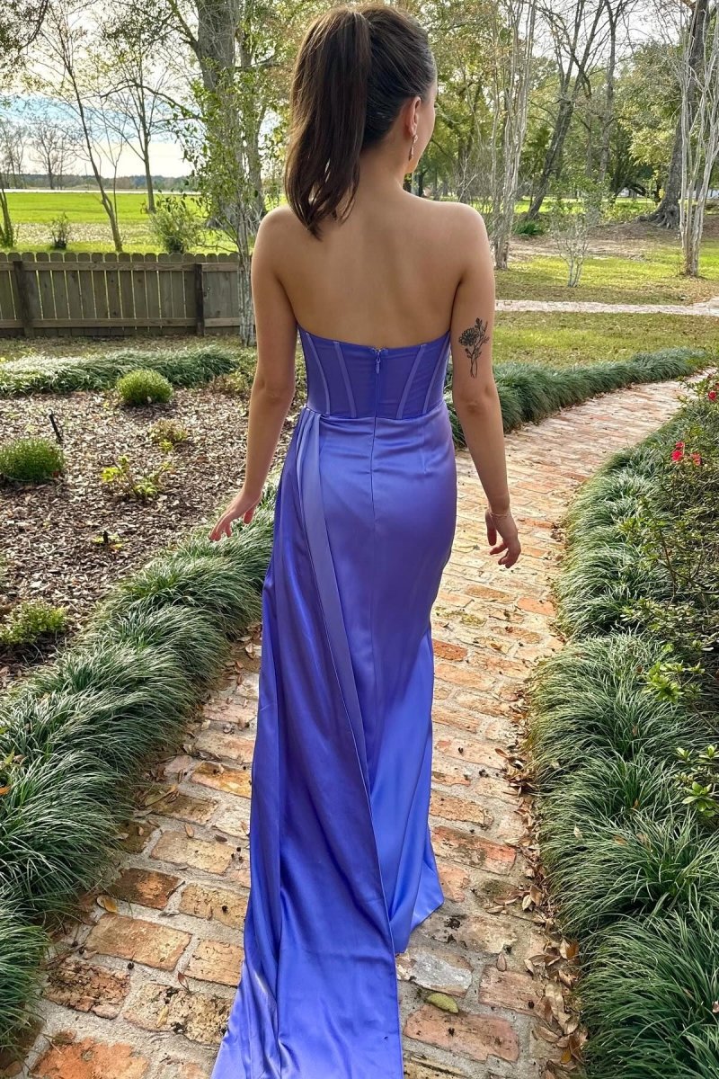 Laken | Periwinkle Strapless Pleated Formal Dress with Attached Train