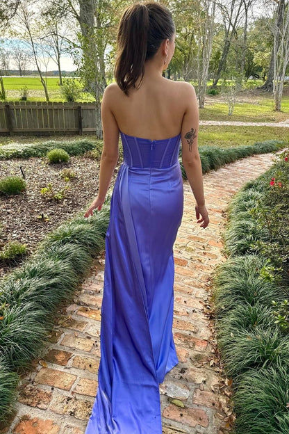 Laken | Periwinkle Strapless Pleated Formal Dress with Attached Train