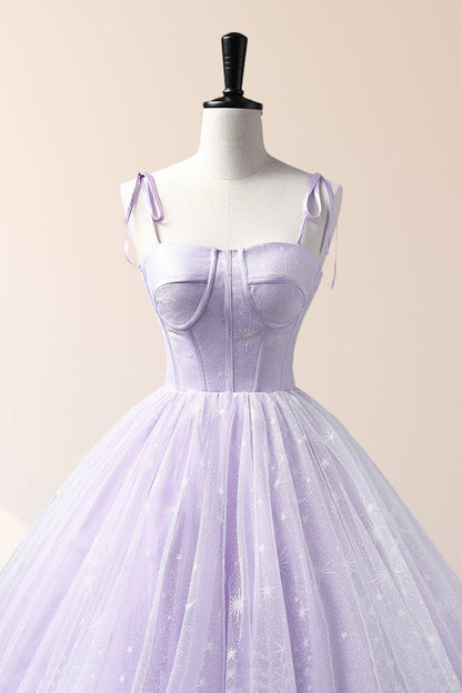 Janelle | Lavender Tulle Straps Floor Length Evening Dress, Lavender A-Line Prom Dress