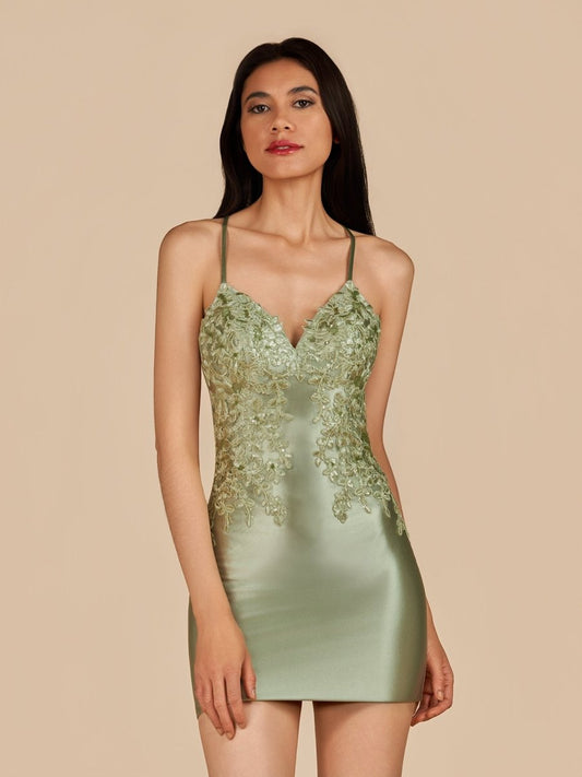 Sevoba|Sage - V Neck Bodycon Satin Sequins Homecoming Dresses With Appliques