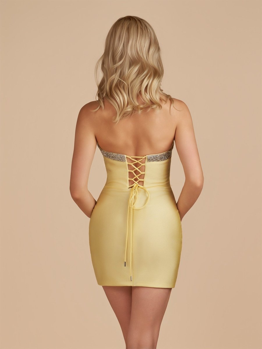 Sevoba|Yellow - Bodycon Strapless Cut Out Satin Beaded Homecoming Dress With Bows