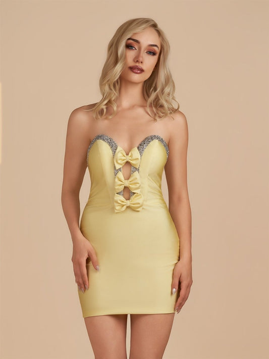 Sevoba|Yellow - Bodycon Strapless Cut Out Satin Beaded Homecoming Dress With Bows