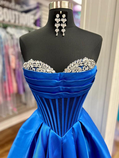 Liabelle | A-Line Beaded Sweetheart Royal Blue Satin Prom Dress