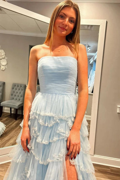 Sevoba|Light Blue Strapless Layered Tulle Prom Dress with Sequins
