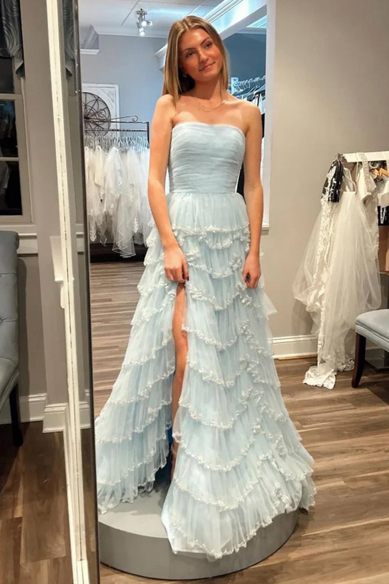 Sevoba|Light Blue Strapless Layered Tulle Prom Dress with Sequins