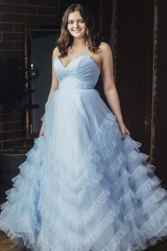 Light Blue Strapless Ruffle Long Prom Dress