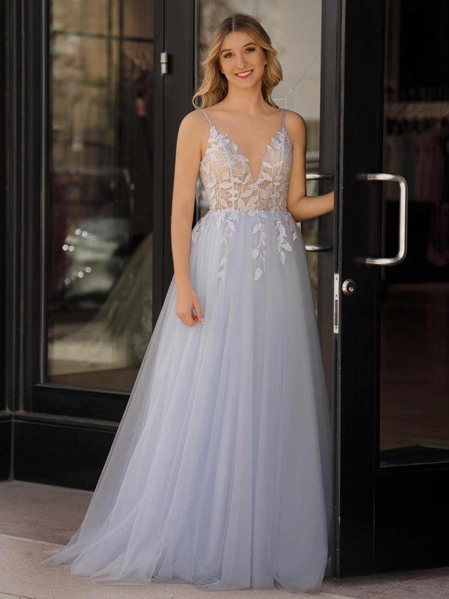 Cynthia | Light Blue V Neck Lace-Up Appliques Tulle Long Prom Dress