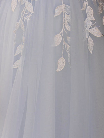 Sevoba|Light Blue V Neck Lace-Up Appliques Tulle Long Prom Dress