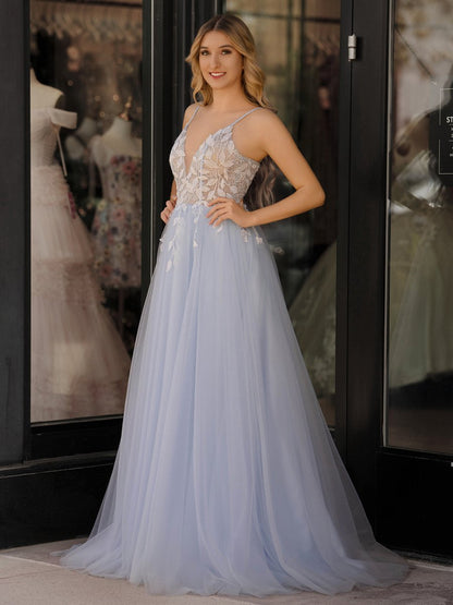 Cynthia | Light Blue V Neck Lace-Up Appliques Tulle Long Prom Dress