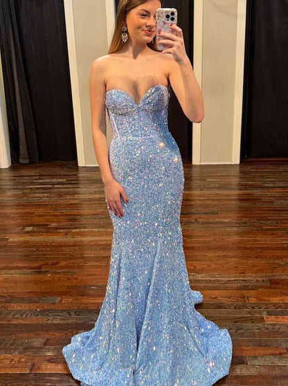 Sweetheart Mermaid Light Blue Sequin Long Prom Dress