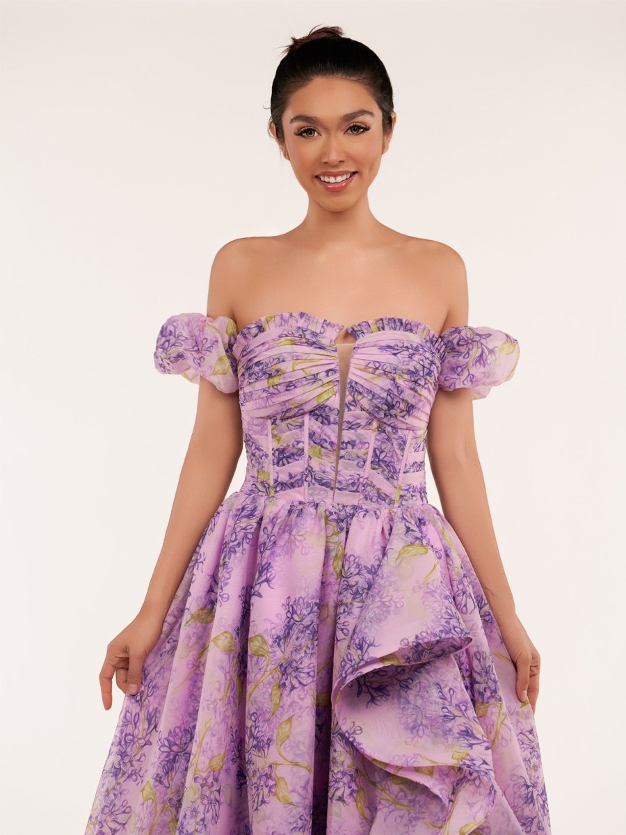 Lilac A-Line Corset Detachable Sweetheart Floral Long Prom Dress