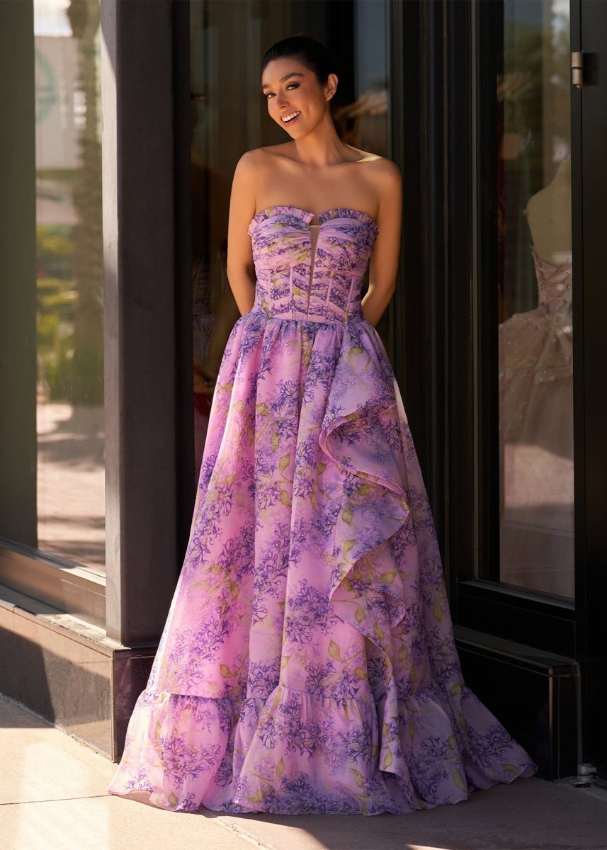 Sevoba|Lilac A-Line Corset Detachable Sweetheart Floral Long Prom Dress