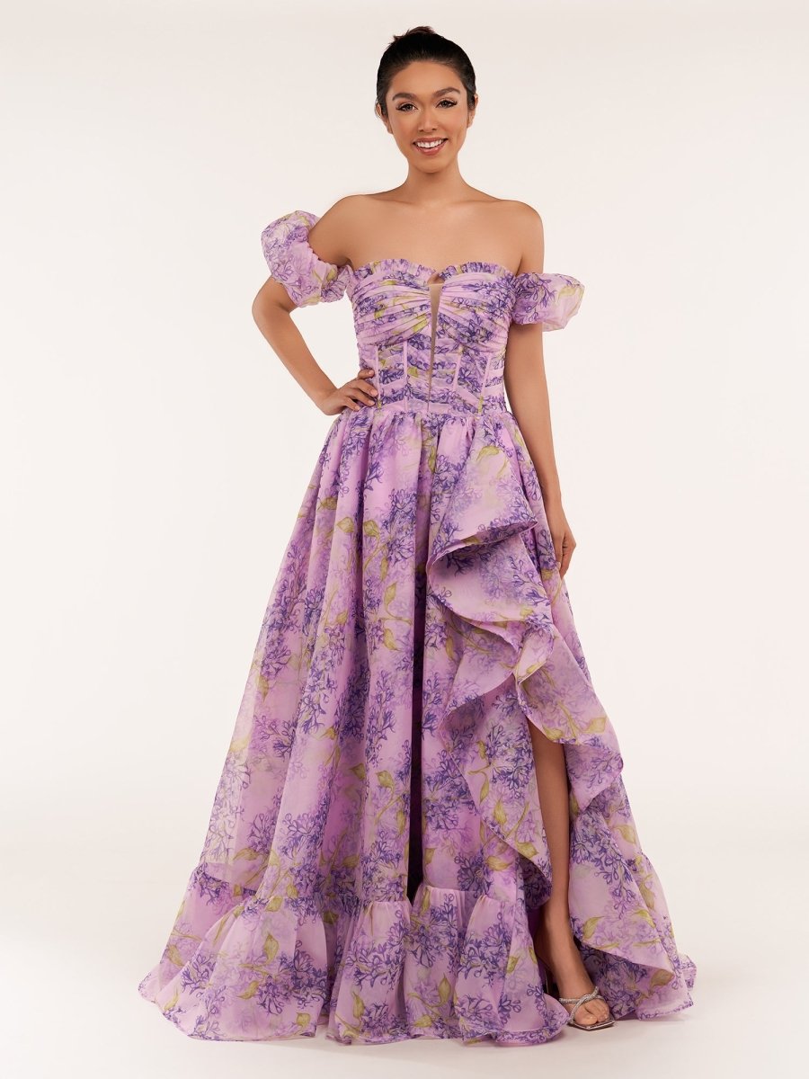 Lilac A-Line Corset Detachable Sweetheart Floral Long Prom Dress