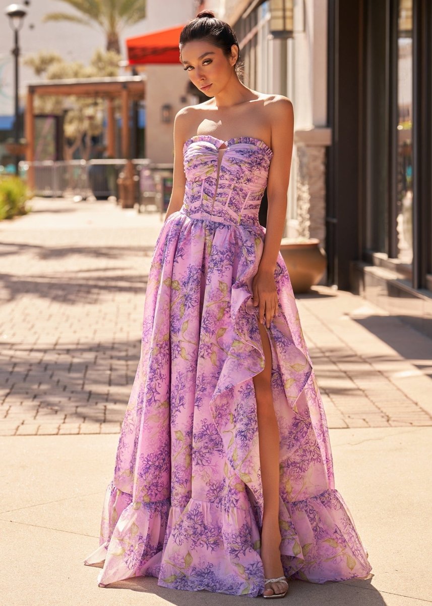 Lilac A-Line Corset Detachable Sweetheart Floral Long Prom Dress