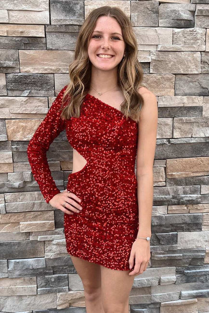 Kensley | Purple Sequin One-Sleeve Cutout Short Homecoming Dress