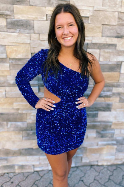 Kensley | Purple Sequin One-Sleeve Cutout Short Homecoming Dress