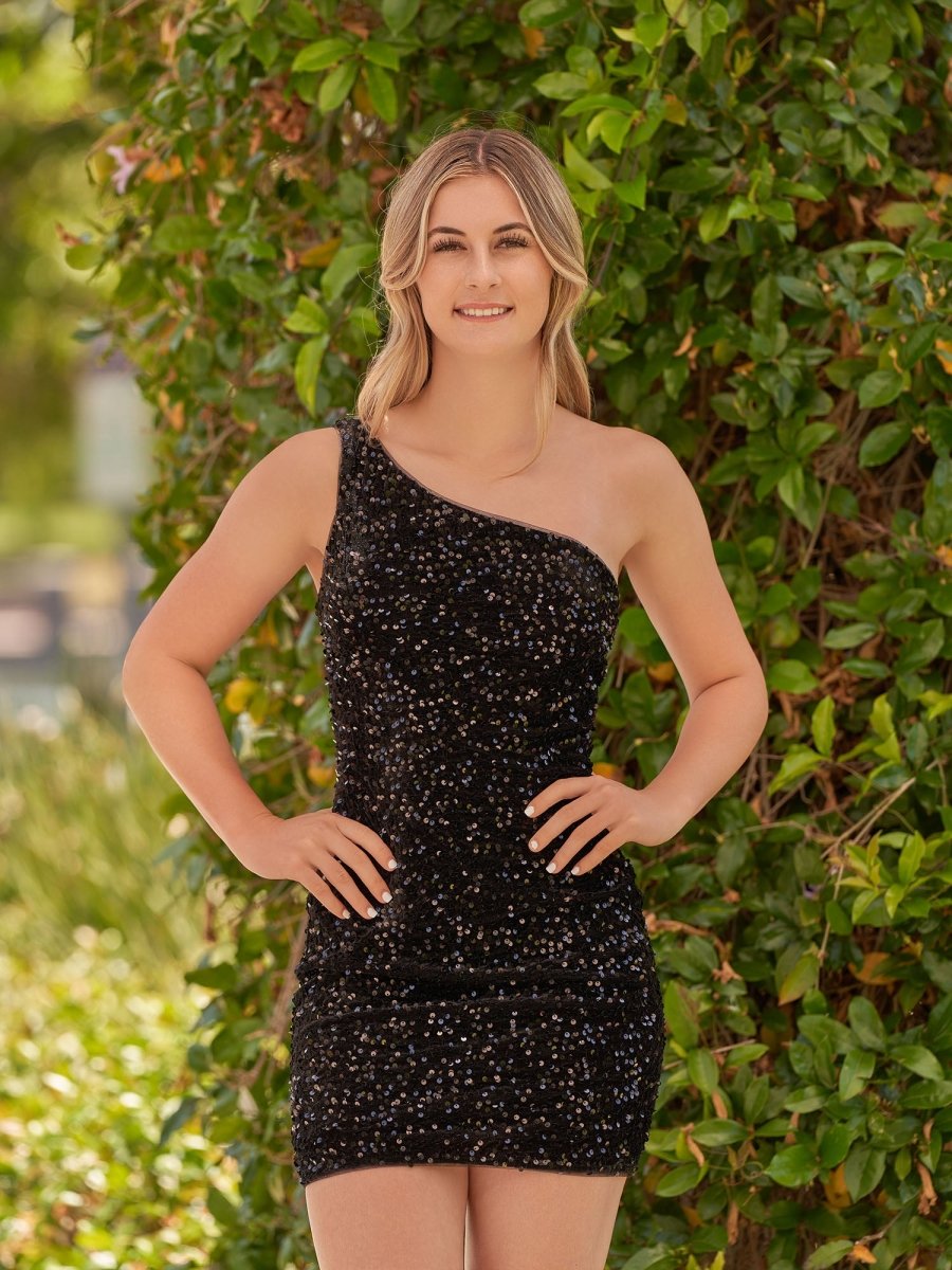 Sevoba|Tight Sequins Black One Shoulder Homecoming Dress