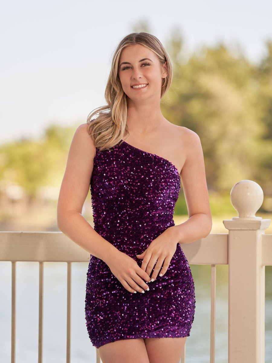 Sevoba|Tight Sequins Black One Shoulder Homecoming Dress