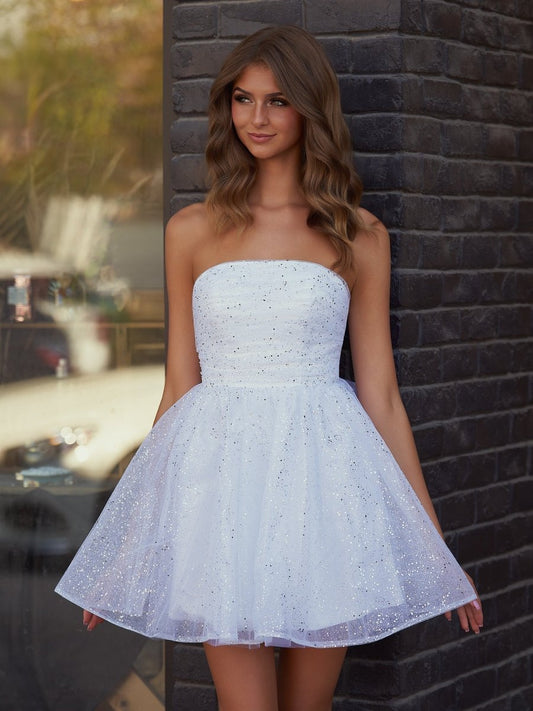 Sevoba|White - A Line Strapless Glitter Tulle Ruffled Homecoming Dresses with Bow