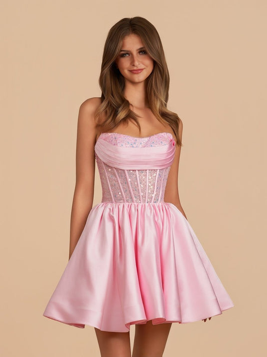 Sevoba|Pink - A Line Strapless Satin Corset Short Homecoming Dresses with Sequins