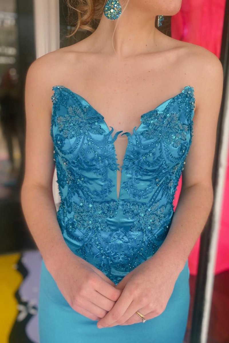 Mermaid V Neck Blue Satin Mermaid Prom Dress with Slit