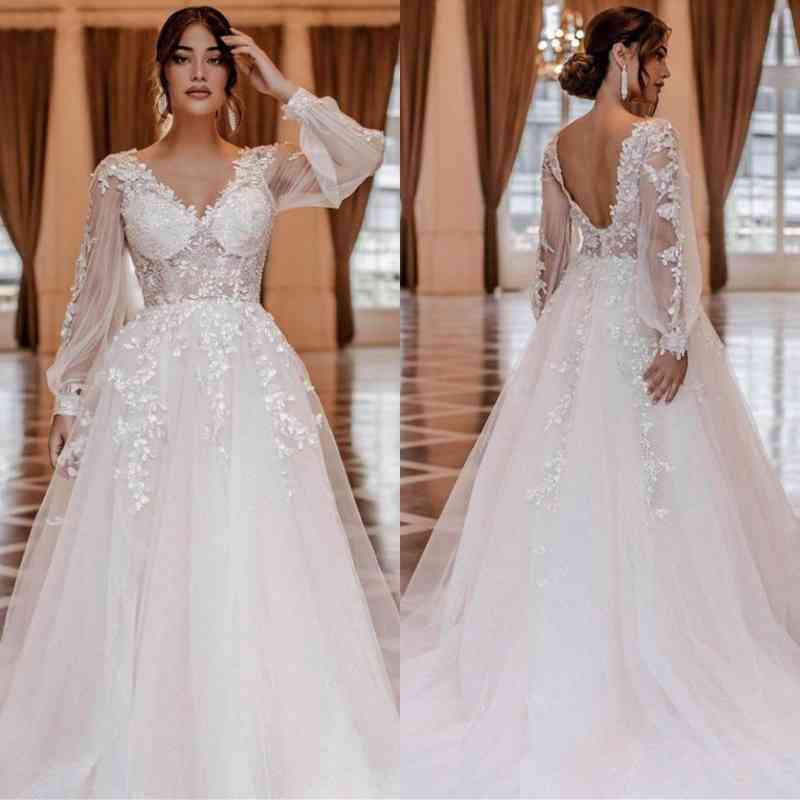 Long Sleeve Wedding Dress V-Neck With Lace Appliques