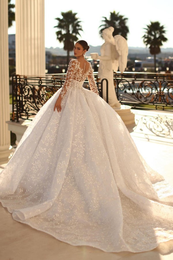 Long Sleeves Ball Gown Bridal Dress Lace Appliques